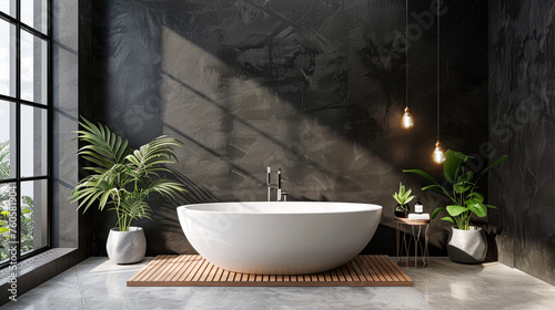 A large white bathtub sits in a bathroom with a black wall and a window. The room is decorated with plants and a wooden floor. Scene is calm and relaxing  as the bathtub is the main focus