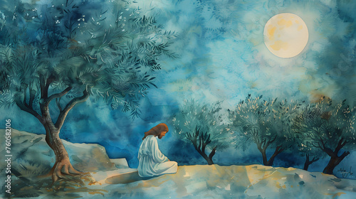 A watercolor painting of Jesus praying in the Garden of Gethsemane, surrounded by olive trees and bathed in moonlight. photo