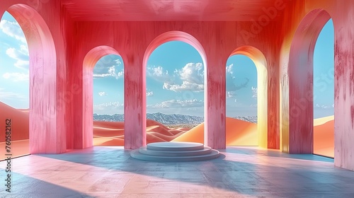 3d Render, Abstract Surreal pastel landscape background with arches and podium for showing product, panoramic view, Colorful dune scene with copy space, blue sky and cloudy, Minimalist decor design #760582162