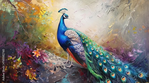 Peacock. Oil paint on canvas. Interior painting. Beautiful background