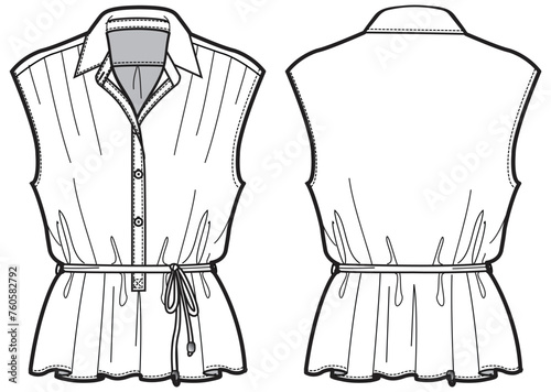 Women's Sleeveless Shirt Blouse top with self tie belt flat sketch fashion illustration front and back view, shirt blouse for girls and ladies template mock up