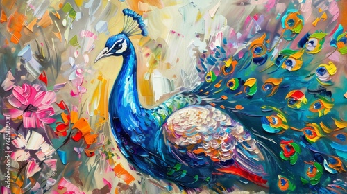 Peacock. Oil paint on canvas. Interior painting. Beautiful background