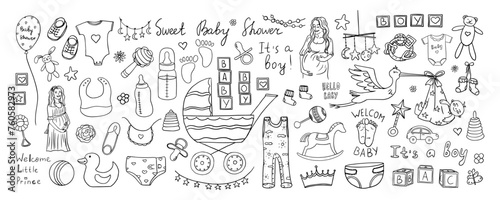 Big set of cute baby shower elements in doodle style. Baby shower boy, happy mother, pregnant. Hand drawn.  Great for card, invitation card, decoration party, design, print or advertising. 