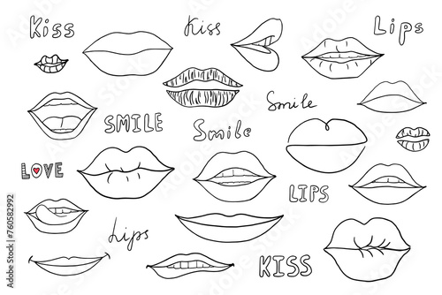 Beautiful set of female lips with lettering in doodle style. Kiss, smile, pout lips. Emotions on the lips. Mouth. Hand drawn.  Great for card, lipstick advertisement,  design, print or advertising. 