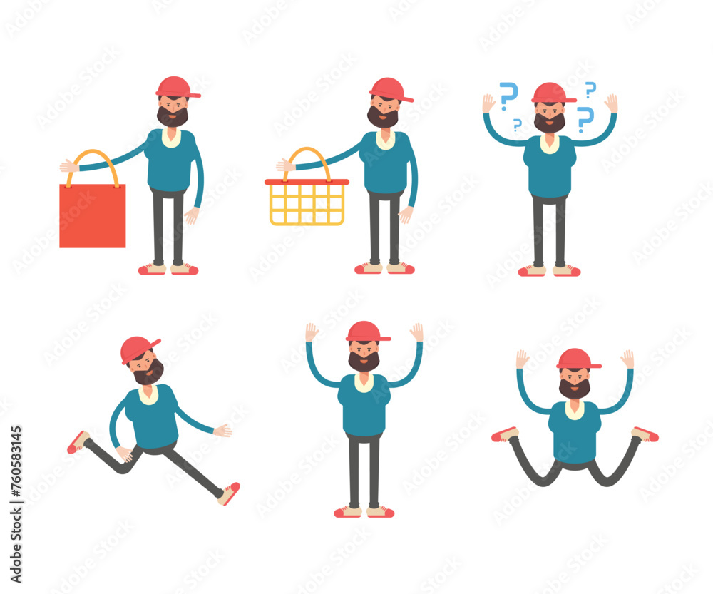 beard man characters set in various poses vector illustration beard man characters set in various poses vector illustration