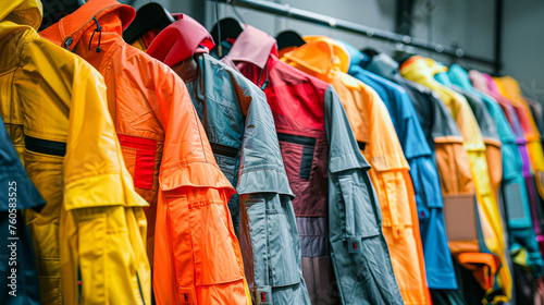 A rack of colorful jackets with a rainbow of colors. The jackets are hanging on a rack and are of various sizes