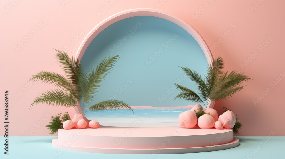 Fototapeta premium 3d podium stand for product presentation with summer concept