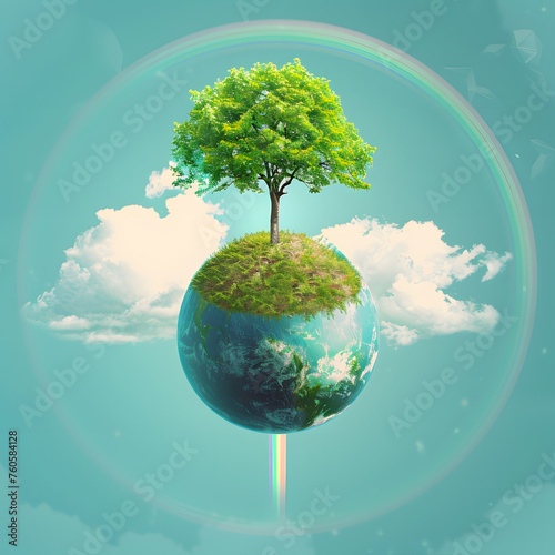 Ecology concept with green tree on earth..Harmonious Coexistence: A Lush Tree on a Miniature Earth Amidst the Clouds