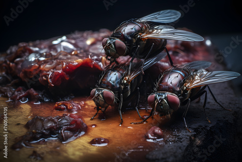 Dirty House Flies on a piece of red meat photo