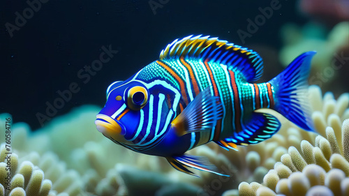 Exotic blue and orange fish in an aquarium, Synchiropus splendidus, mandarinfish in a tank with coral photo