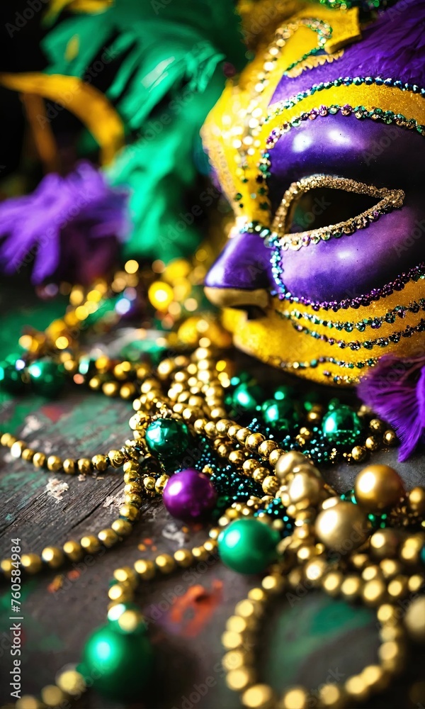 A vibrant Mardi Gras mask in purple with gold trim rests amongst green and gold beaded necklaces, capturing the essence of the festive and colorful carnival season.