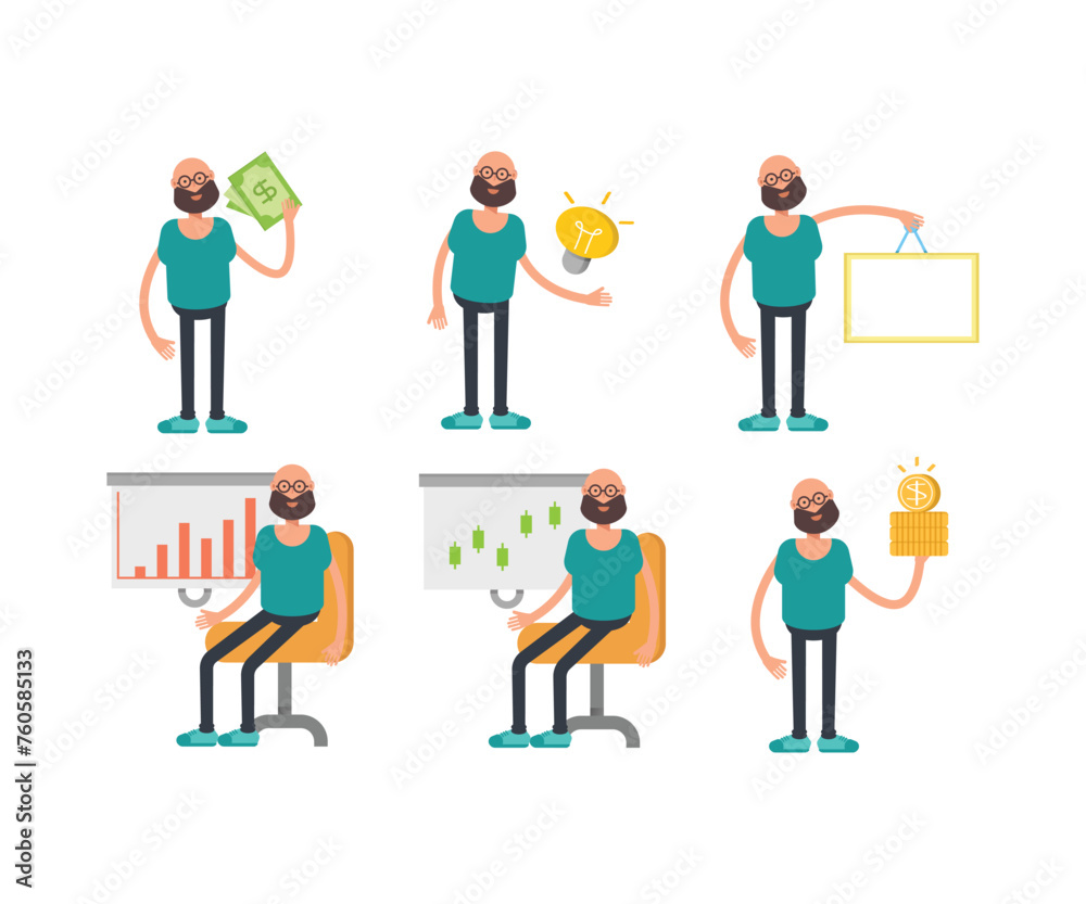 bald man character in different poses set vector illustration bald man character in different poses set vector illustration