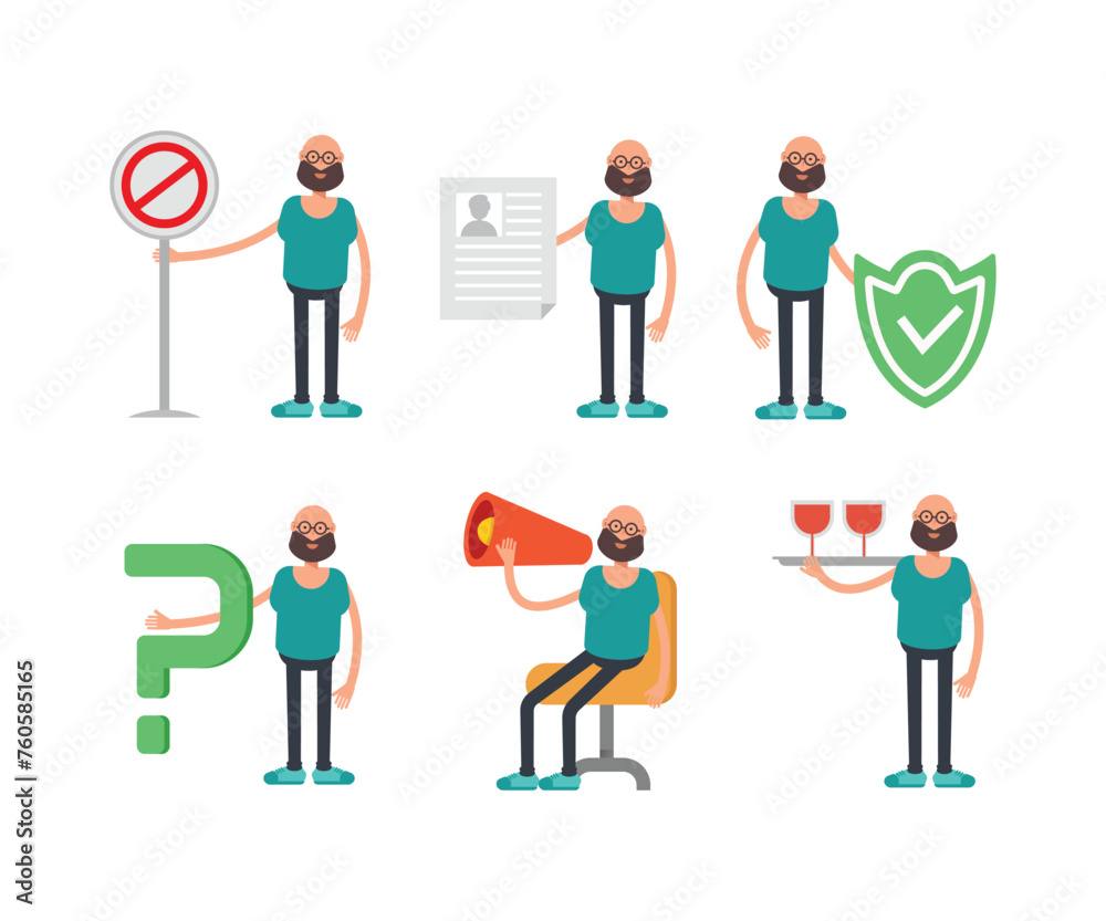 bald man character in different poses set vector illustration bald man character in different poses set vector illustration