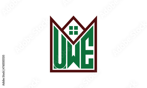 UWE initial letter real estate builders logo design vector. construction, housing, home marker, property, building, apartment, flat, compartment, business, corporate, house rent, rental, commercial