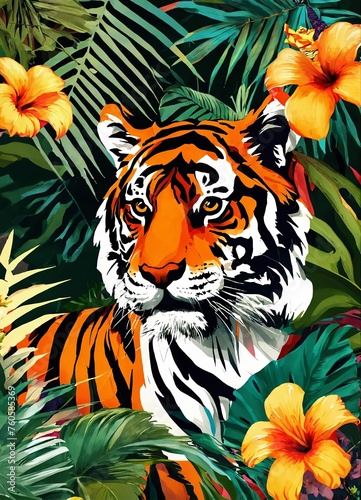 An illustration of a tiger among tropical flora  with prominent orange hibiscus and rich greenery  ideal for thematic art and decor.
