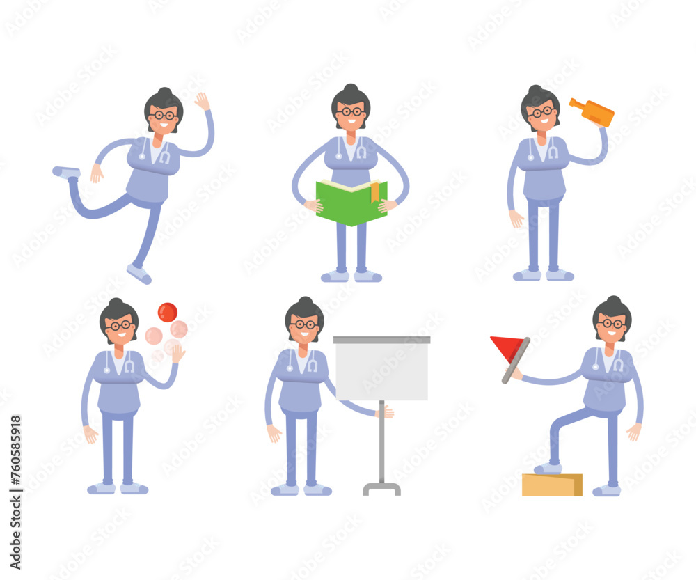 female doctor characters set in various poses vector illustration female doctor characters set in various poses vector illustration