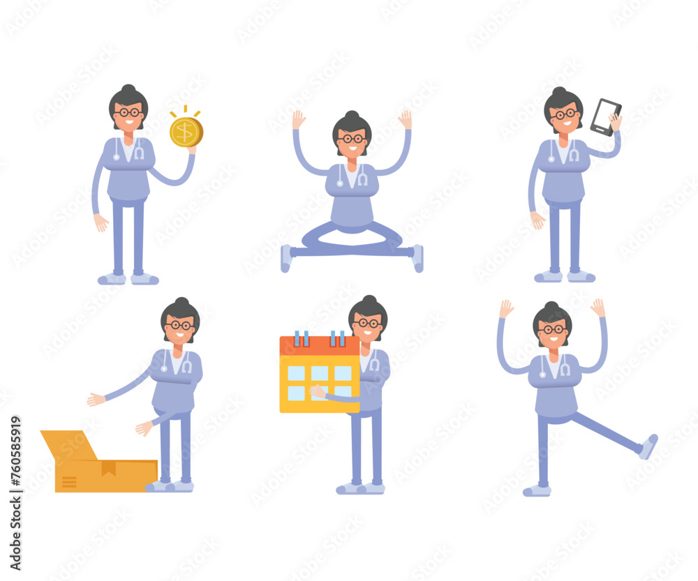 female doctor characters set in various poses vector illustration female doctor characters set in various poses vector illustration
