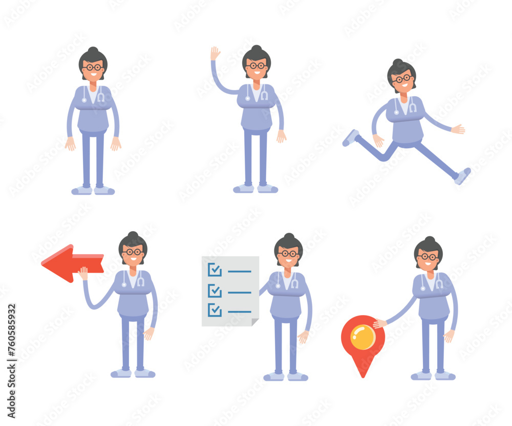 female doctor characters set in various poses vector illustration female doctor characters set in various poses vector illustration