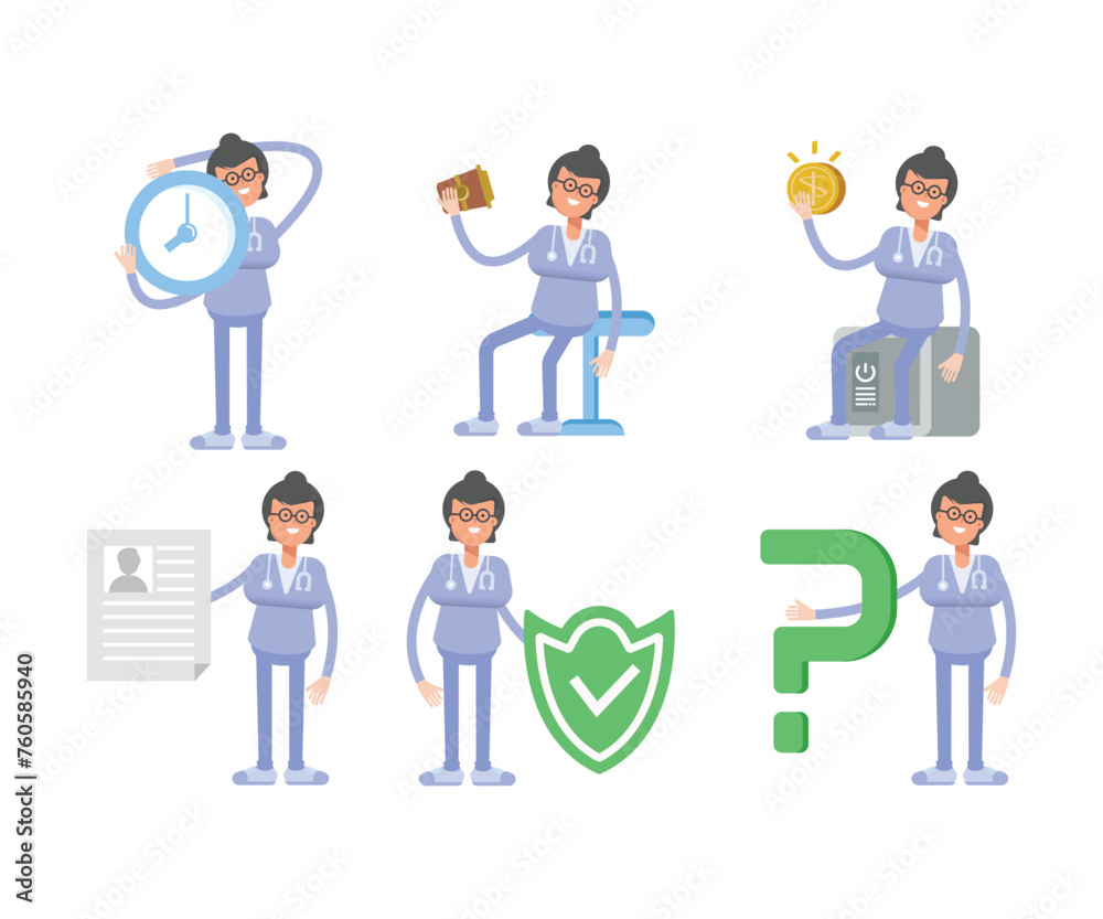 female doctor characters set in various poses vector illustration female doctor characters set in various poses vector illustration