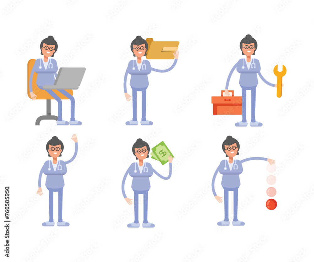 female doctor characters set in various poses vector illustration female doctor characters set in various poses vector illustration