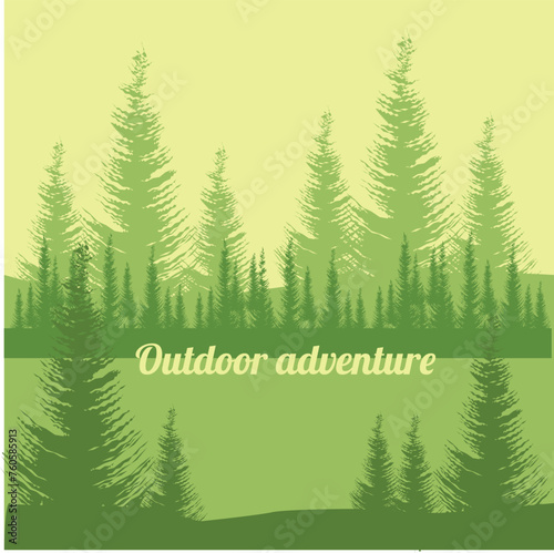 Hiking hobby. christmas trees background. vector illustration
