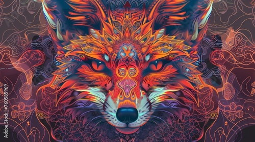 Psychedelic fox head with symmetrical mandala shapes. Animal Totem, spiritual guide, mystical emblem of the shaman