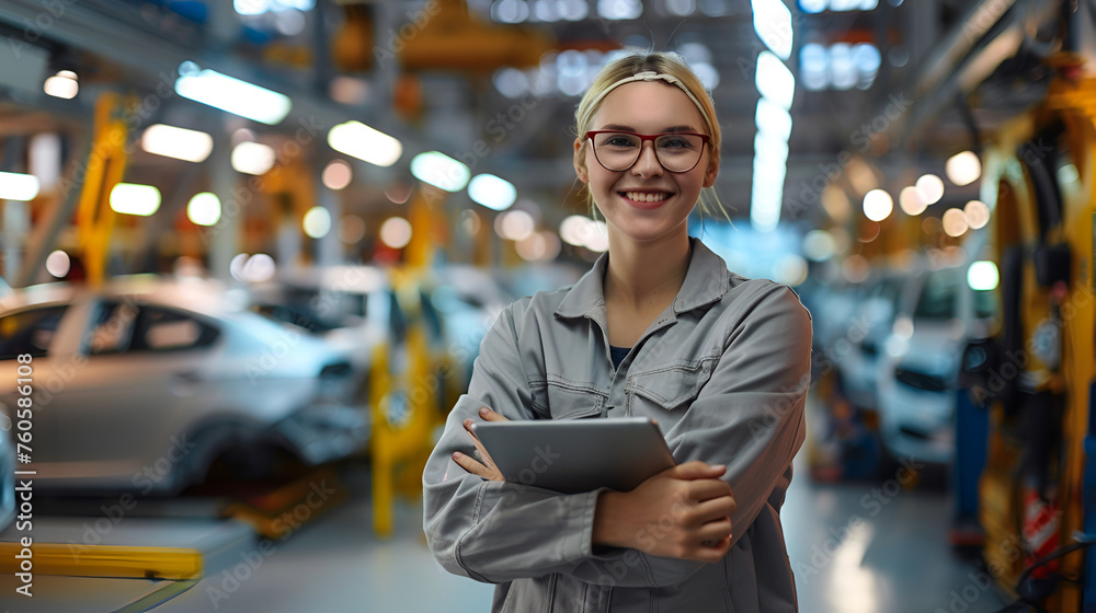 Industry automation 4.0 automotive production lines A woman wearing a grey jacket and glasses is holding a tablet in her hand. She is smiling and she is proud of her work