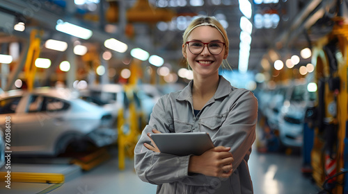 Industry automation 4.0 automotive production lines A woman wearing a grey jacket and glasses is holding a tablet in her hand. She is smiling and she is proud of her work