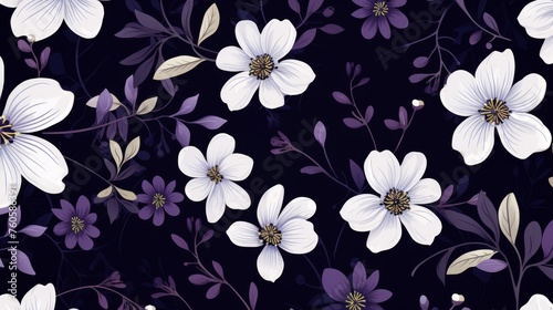 a purple flowering pattern with flowers on dark blue background