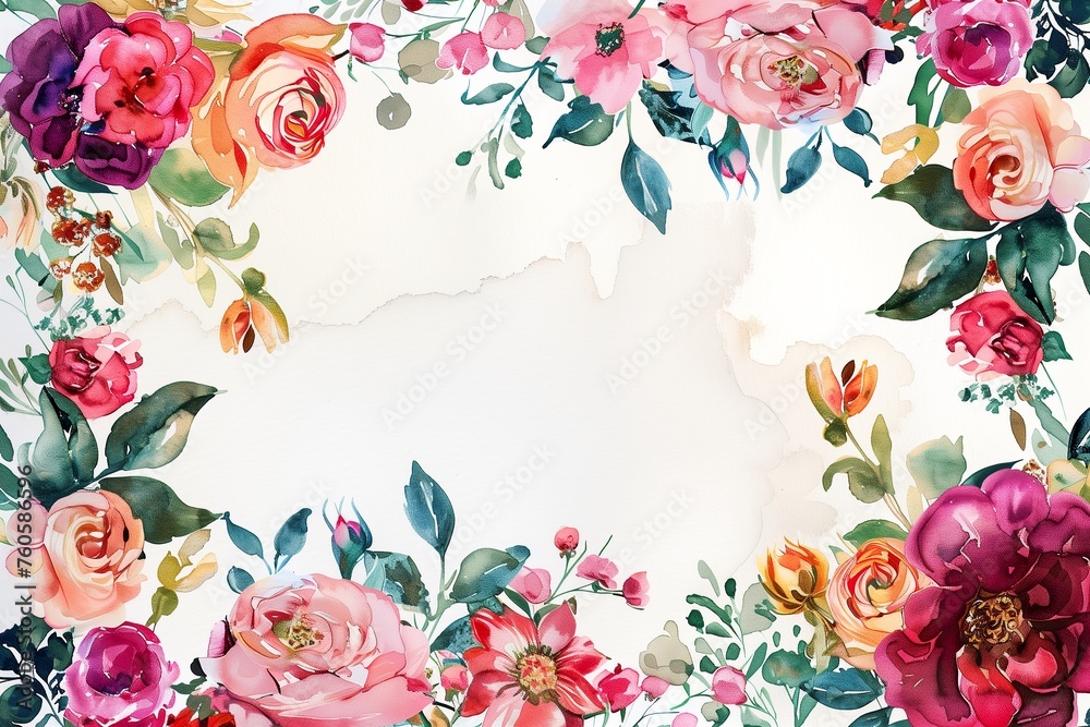 A watercolor painting of a flowery border with roses flowers
