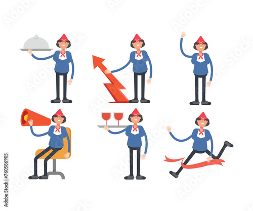 air hostess characters in different poses set vector illustration