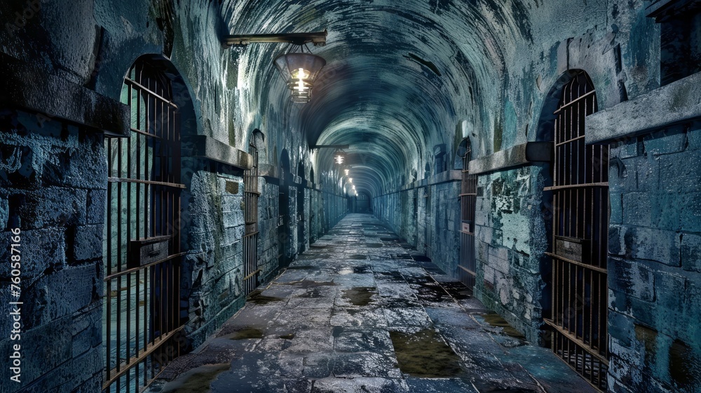 Naklejka premium a corridor inside a medieval prison