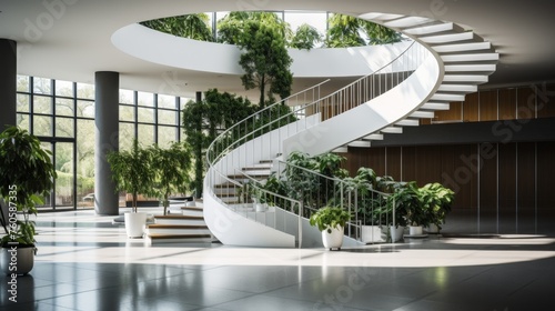 a spiral staircase in a modern building with plants 