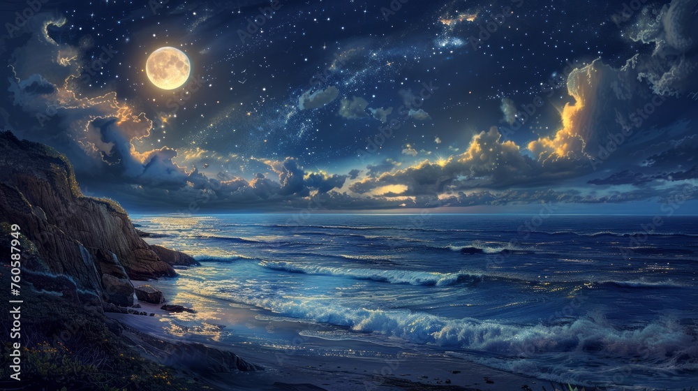 Starry sky and moonlit seascape