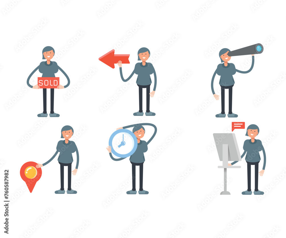 woman character in different poses set vector illustration woman character in different poses set vector illustration
