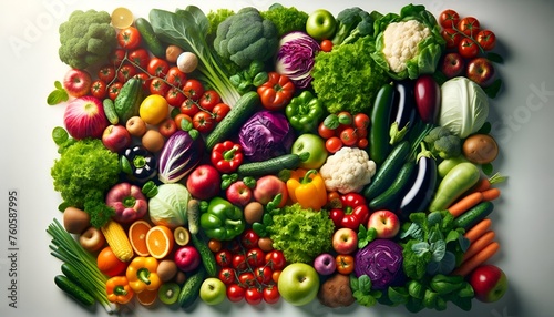 Realistic illustration of fresh vegetables and fruits to symbolize healthy food.