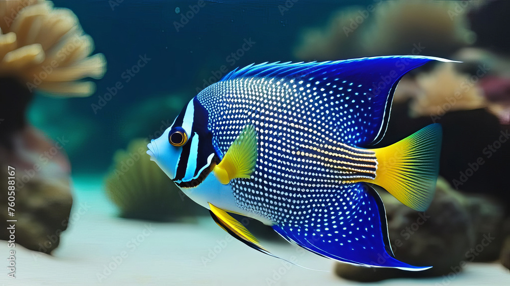 Queen angelfish (Holacanthus ciliaris), also known as the blue angelfish, golden angelfish or yellow angelfish underwater in sea with corals in background. Isolated closeup - obrazy, fototapety, plakaty 