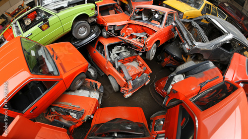 The image shows a room filled with various cars, some of which are in working condition and others are not. The cars are of different colors © BS.Production