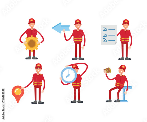 firefighter characters in different poses set vector illustration
