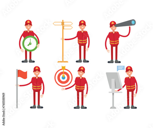 firefighter characters in different poses set vector illustration