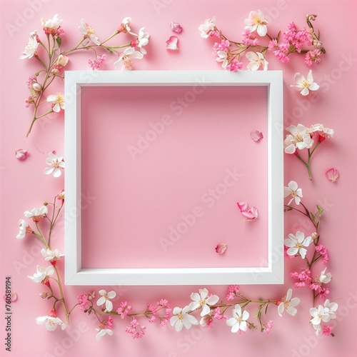 White frame with flowers and pink background © Zhenrui