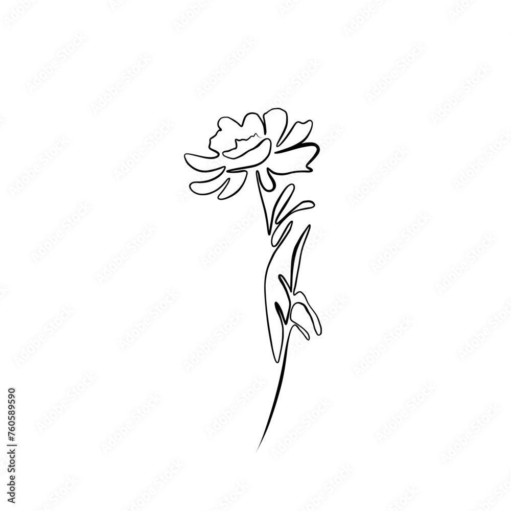 One continuous drawing line. Printed decorative poster with the overall concept of the peony flower.