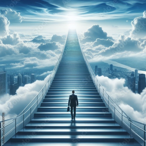 Businessman walking up a stairway to success with blue sky background, Road to success concept photo