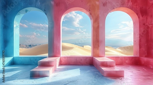 3d Render, Abstract Surreal pastel landscape background with arches and podium for showing product, panoramic view, Colorful dune scene with copy space, blue sky and cloudy, Minimalist decor design