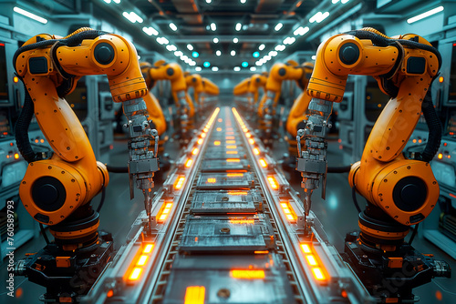 A series of industrial orange robotic arms are symmetrically aligned along a conveyor, assembling and inspecting circuit boards in a state-of-the-art factory.