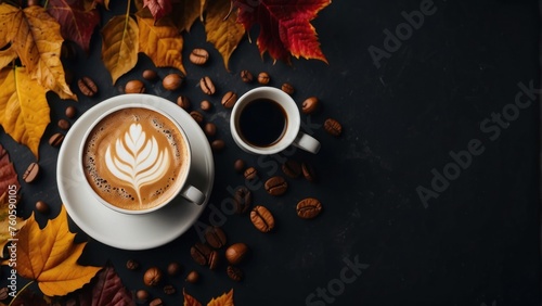 Seasonal Bliss Freshly Brewed Coffee with Latte Art, Adorned with Autumn Leaves and Scattered Beans on Dark Background
