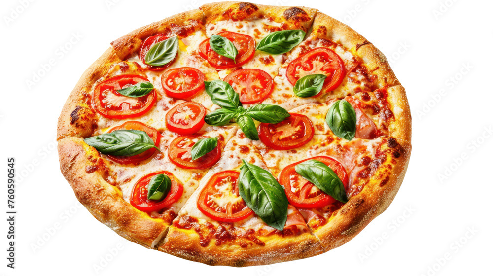 Delicious pizza with salami, tomato, and cheese Isolated on a transparent background.