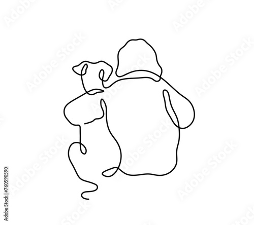 Vector isolated woman hugging with dog one single contemporary line art colorless black and white contour line easy drawing	