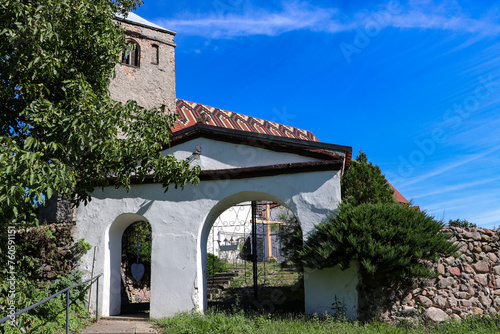 Historic entrance gate to the old church, Poland, Europe, Lubusz Voivodeship, Solniki