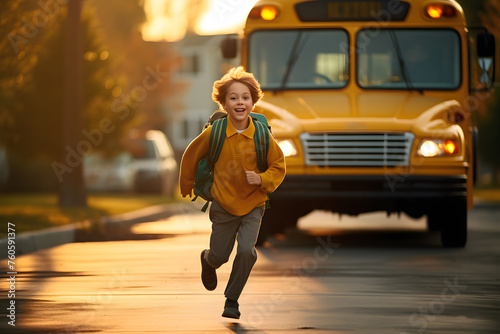 A schoolboy boy with a backpack runs from the bus to lessons in the school building photo